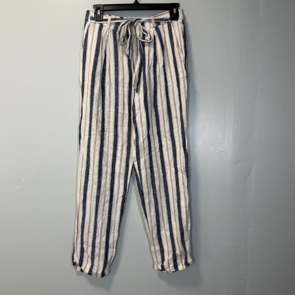 Love Tree‎ Womens Linen Blend Striped Tie Waist Pants Navy Tan White Size M